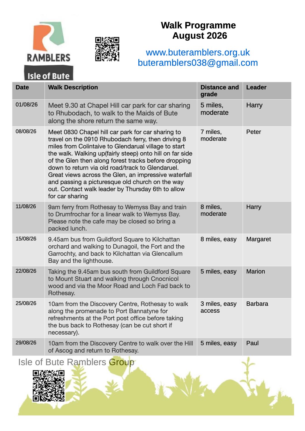 Walks programme August 2026
