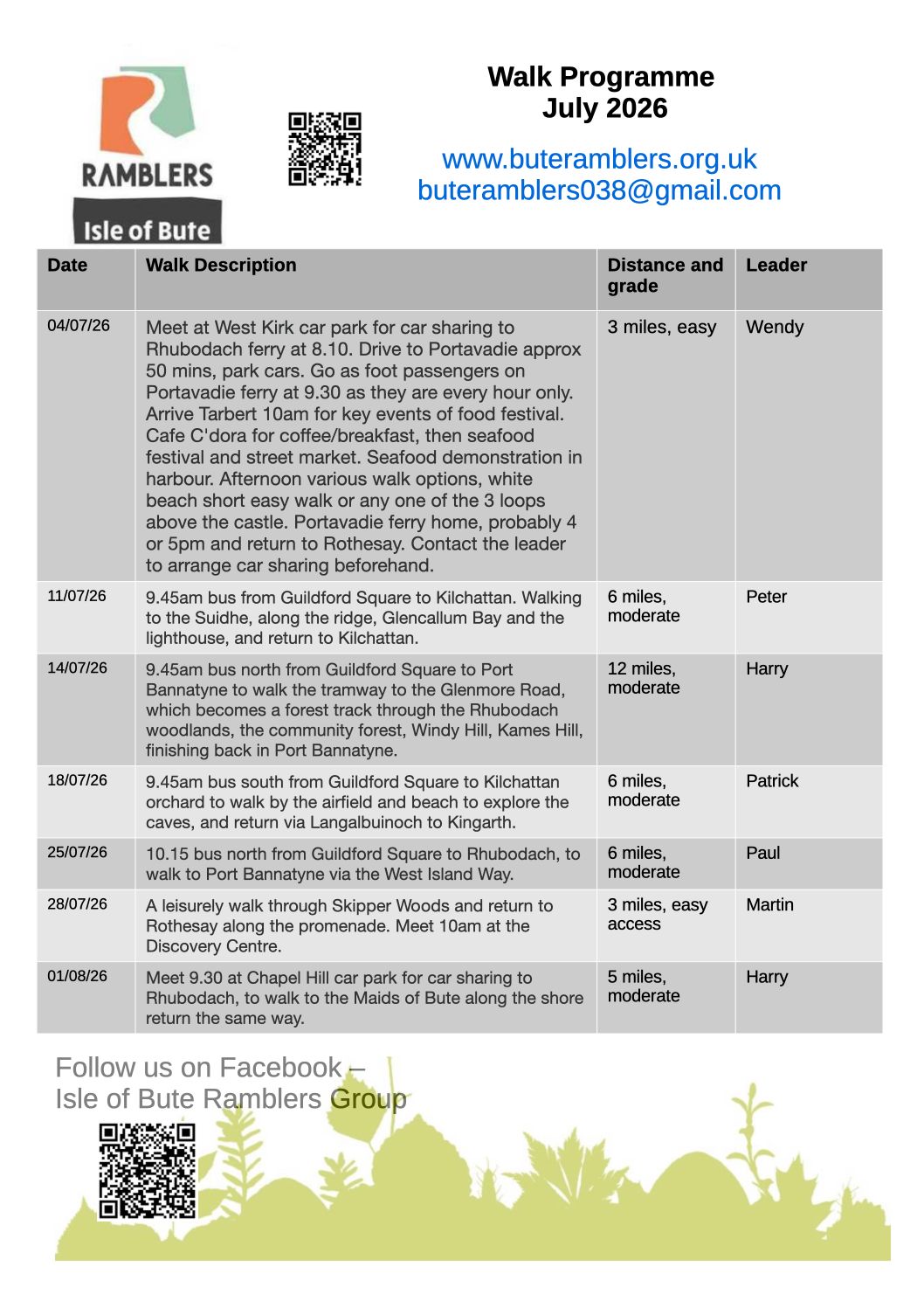 Walks Programme for July 2026