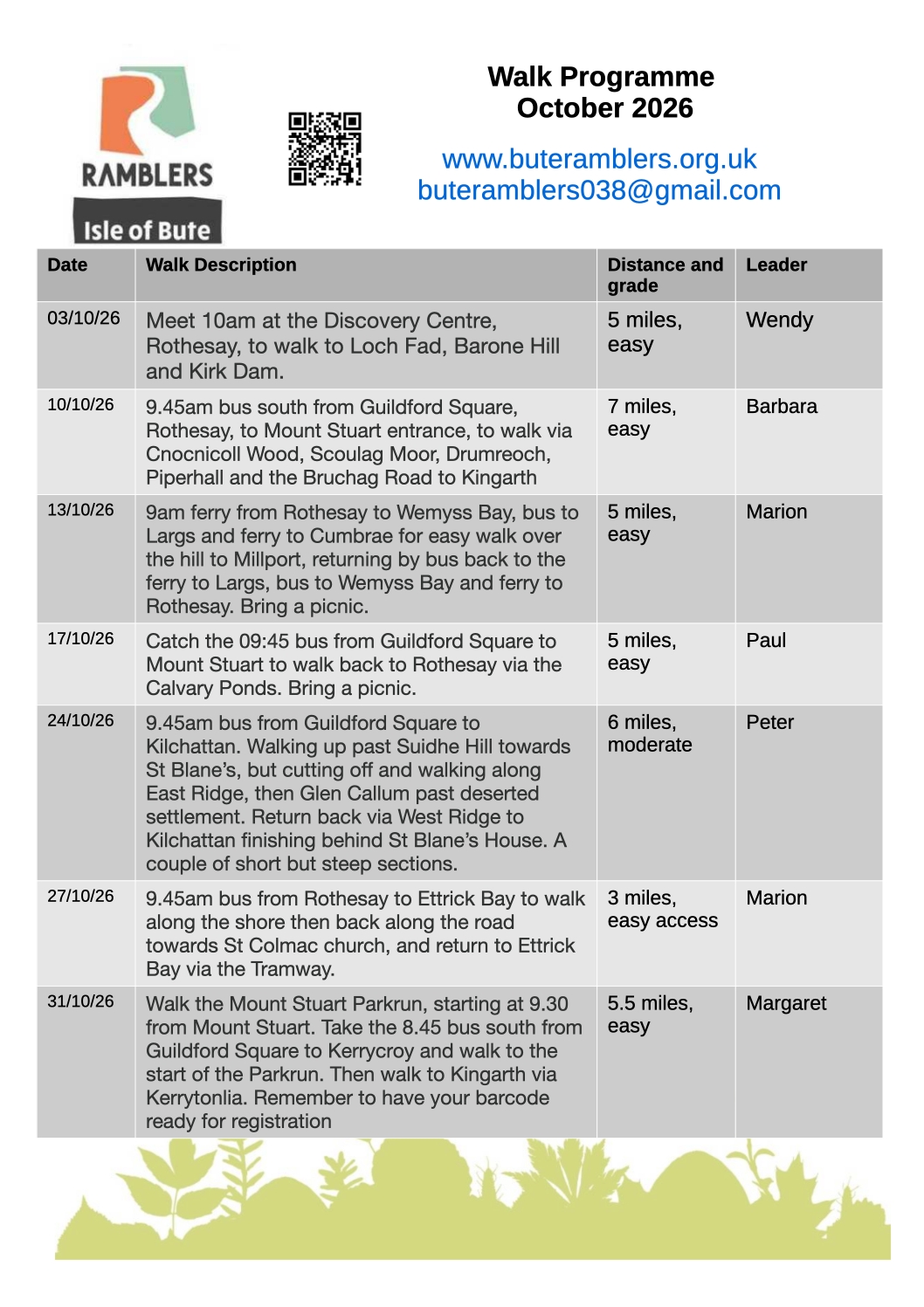 Walk programme for October 2026